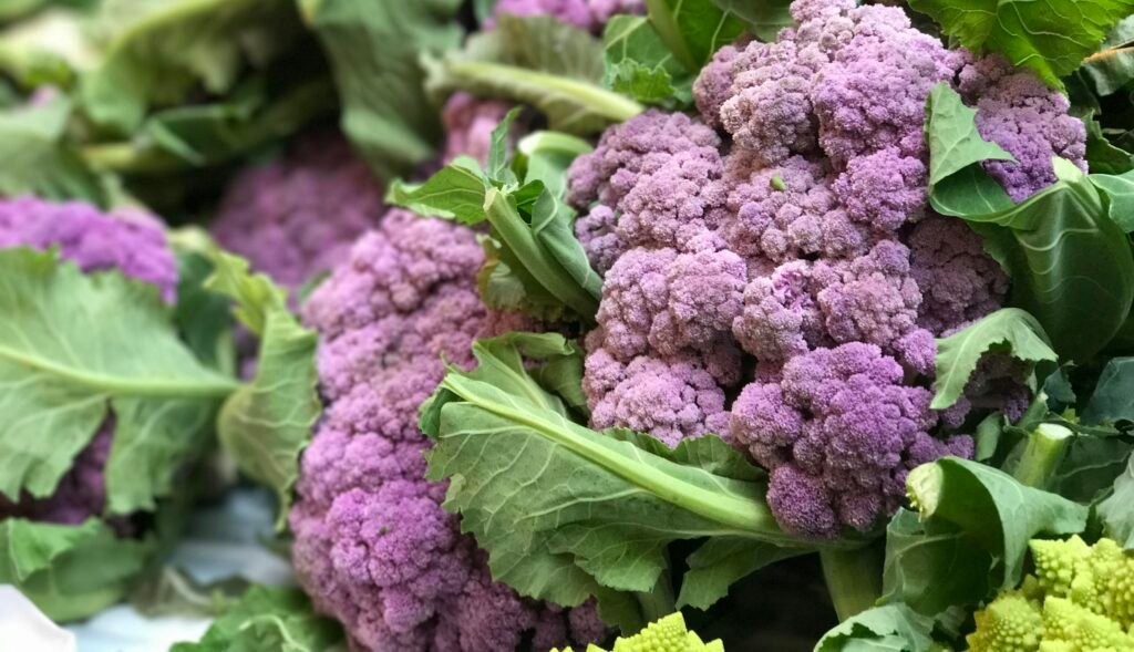 Vibrant purple cauliflower with lush green leaves on display, perfect for healthy meals.